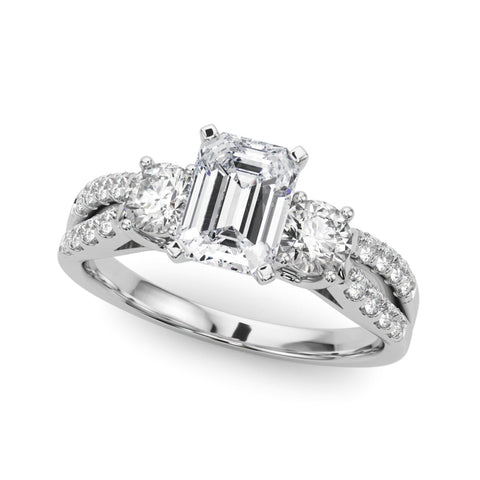 Platinum Emerald Three-Stone Diamond Ring with Pavé Split Shank and Four-Prong Setting