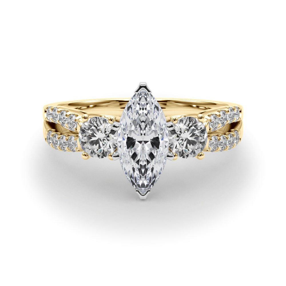 Yellow gold Marquise Three-Stone Diamond Ring with Pavé Split Shank and Four-Prong Setting