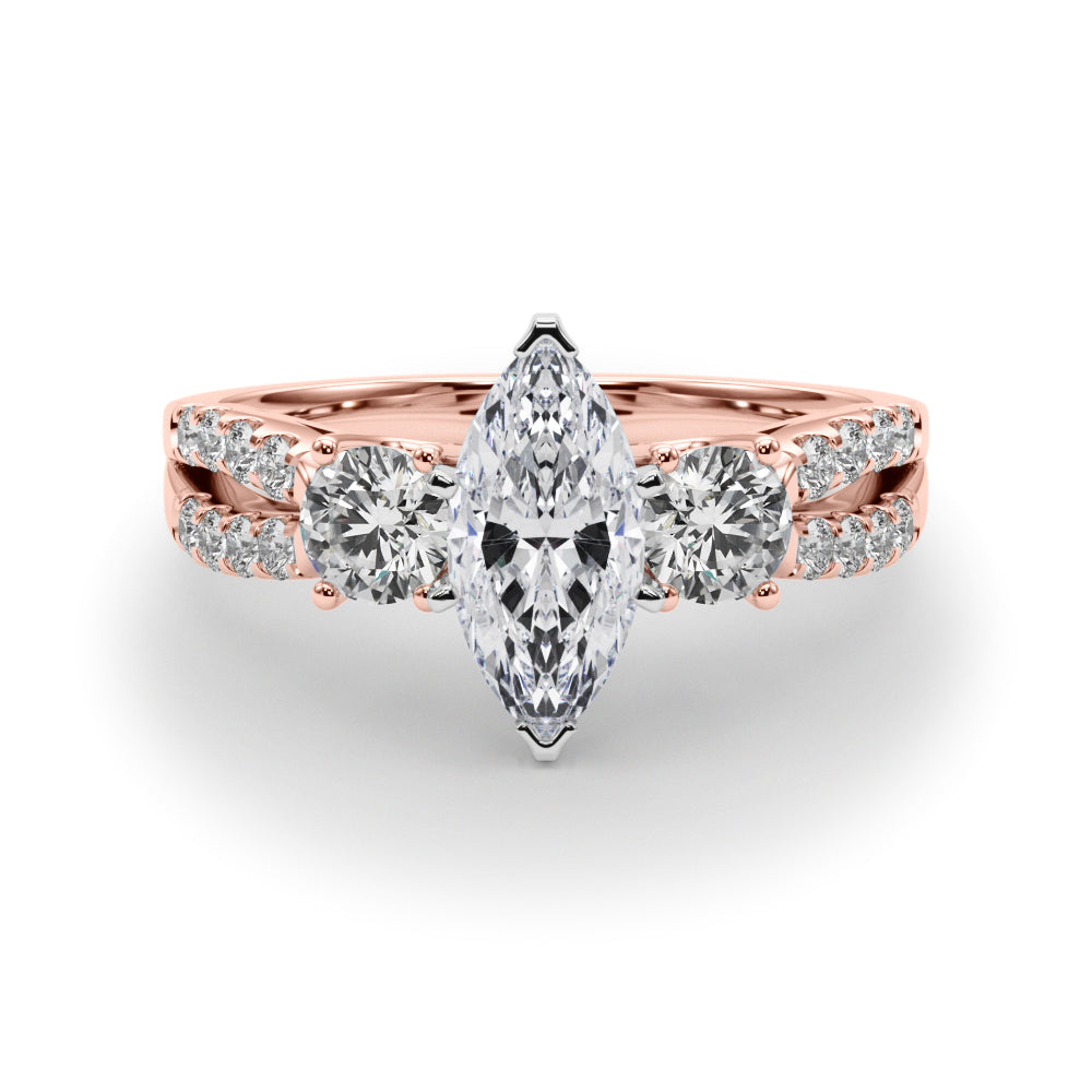 Rose gold Marquise Three-Stone Diamond Ring with Pavé Split Shank and Four-Prong Setting