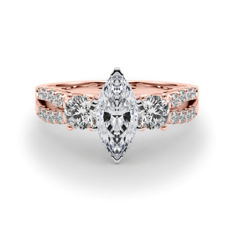 Rose gold Marquise Three-Stone Diamond Ring with Pavé Split Shank and Four-Prong Setting