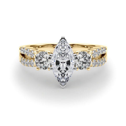 Yellow gold Marquise Three-Stone Diamond Ring with Pavé Split Shank and Four-Prong Setting