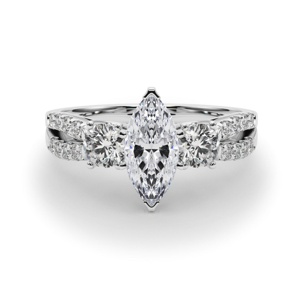 Platinum Marquise Three-Stone Diamond Ring with Pavé Split Shank and Four-Prong Setting