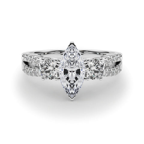 Platinum Marquise Three-Stone Diamond Ring with Pavé Split Shank and Four-Prong Setting