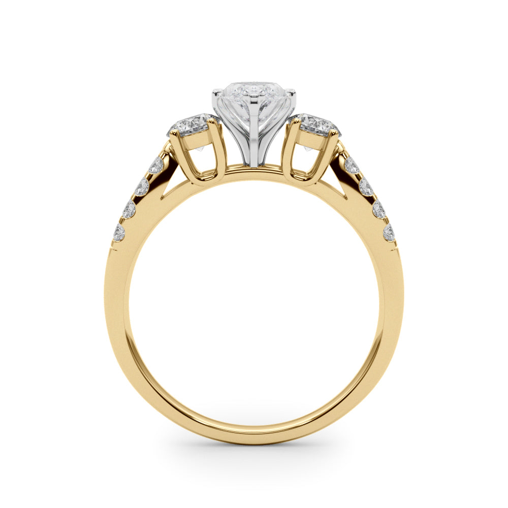 Yellow gold Marquise Three-Stone Diamond Ring with Pavé Split Shank and Four-Prong Setting
