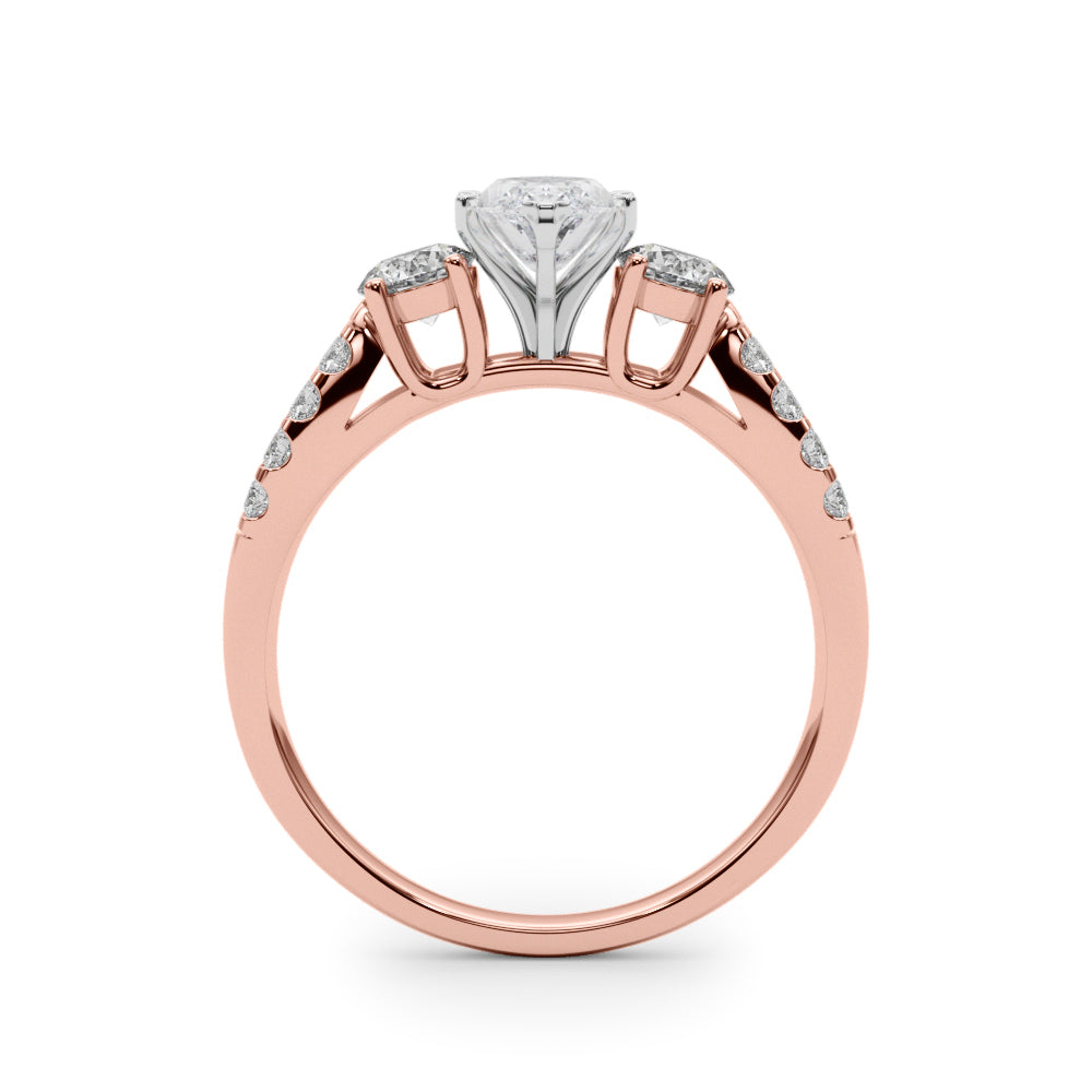 Rose gold Marquise Three-Stone Diamond Ring with Pavé Split Shank and Four-Prong Setting