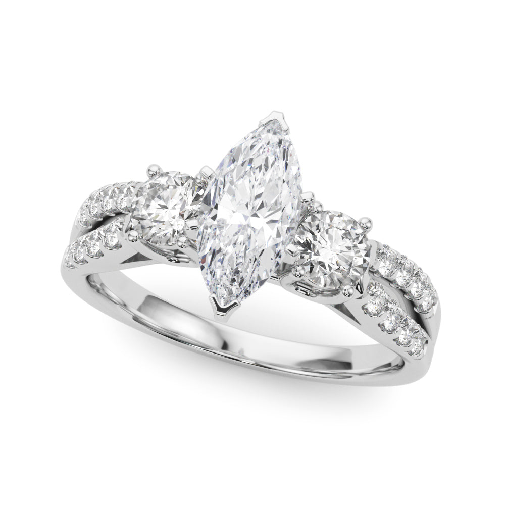 Platinum Marquise Three-Stone Diamond Ring with Pavé Split Shank and Four-Prong Setting