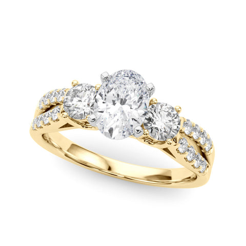 Yellow gold Oval Three-Stone Diamond Ring with Pavé Split Shank and Four-Prong Setting