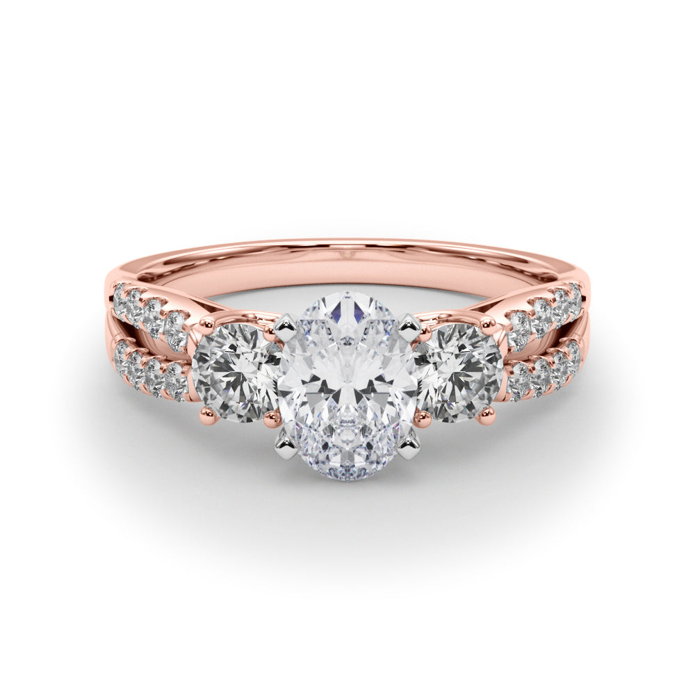 Rose gold Oval Three-Stone Diamond Ring with Pavé Split Shank and Four-Prong Setting