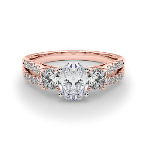 Rose gold Oval Three-Stone Diamond Ring with Pavé Split Shank and Four-Prong Setting