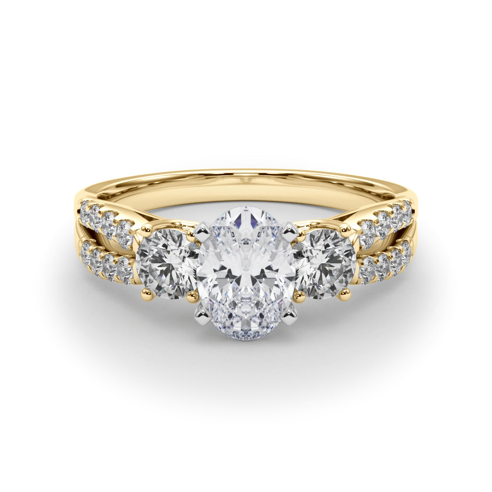 Yellow gold Oval Three-Stone Diamond Ring with Pavé Split Shank and Four-Prong Setting