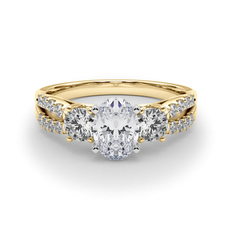 Yellow gold Oval Three-Stone Diamond Ring with Pavé Split Shank and Four-Prong Setting