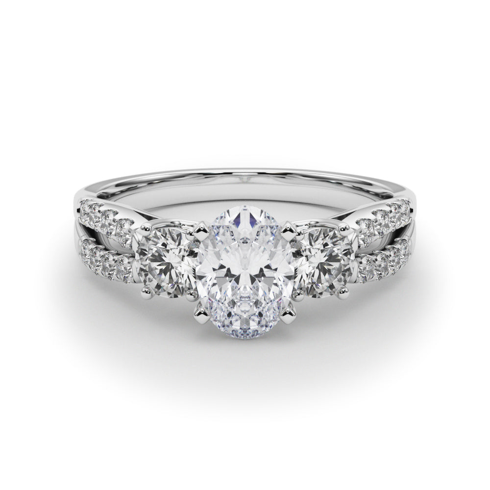 White gold Oval Three-Stone Diamond Ring with Pavé Split Shank and Four-Prong Setting