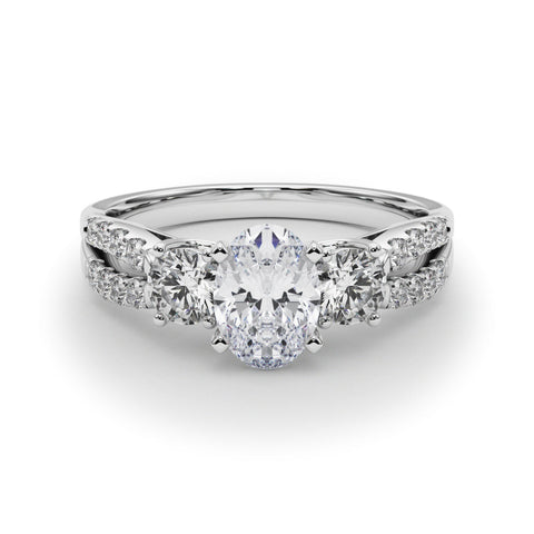 Platinum Oval Three-Stone Diamond Ring with Pavé Split Shank and Four-Prong Setting