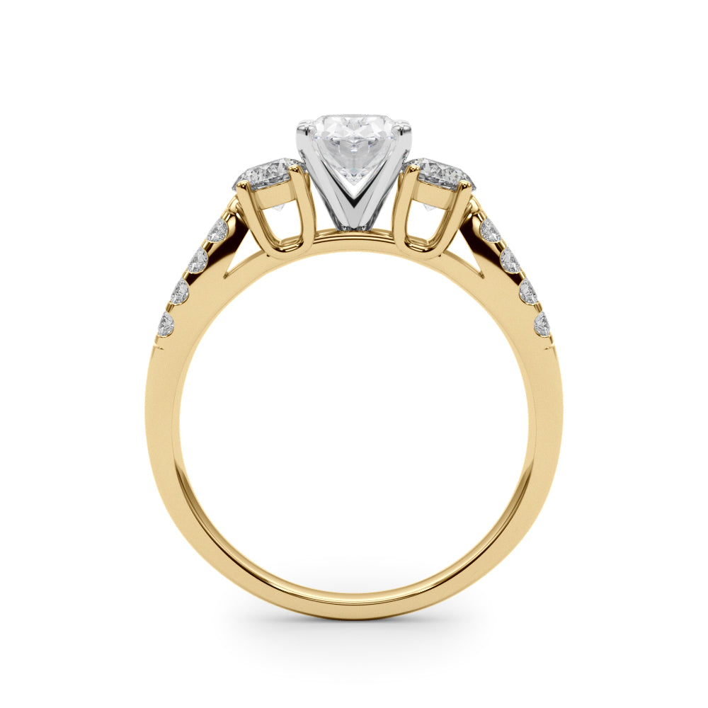 Yellow gold Oval Three-Stone Diamond Ring with Pavé Split Shank and Four-Prong Setting