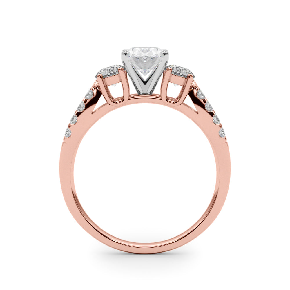 Rose gold Oval Three-Stone Diamond Ring with Pavé Split Shank and Four-Prong Setting
