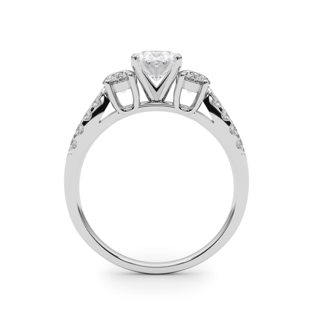 Silver Oval Three-Stone Diamond Ring with Pavé Split Shank and Four-Prong Setting