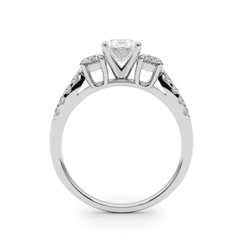 Silver Oval Three-Stone Diamond Ring with Pavé Split Shank and Four-Prong Setting