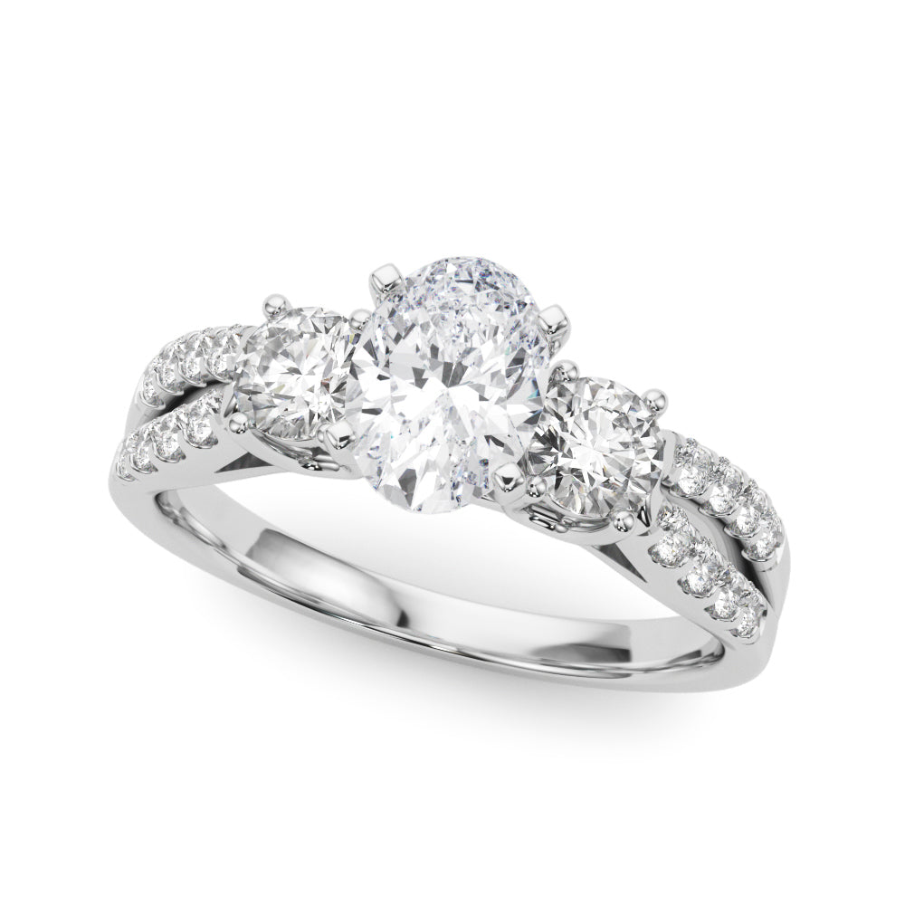Platinum Oval Three-Stone Diamond Ring with Pavé Split Shank and Four-Prong Setting