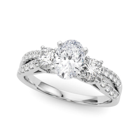 Platinum Oval Three-Stone Diamond Ring with Pavé Split Shank and Four-Prong Setting