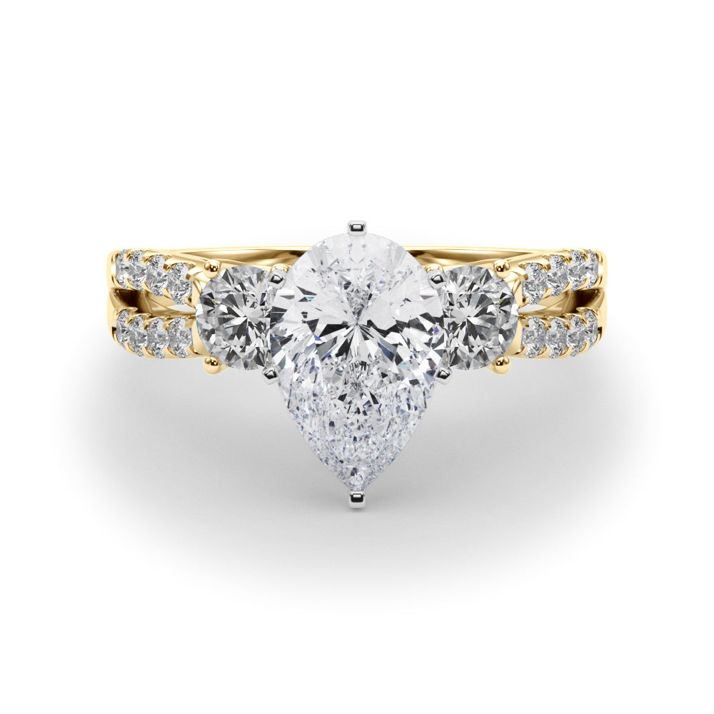 Yellow gold Pear Three-Stone Diamond Ring with Pavé Split Shank and Four-Prong Setting