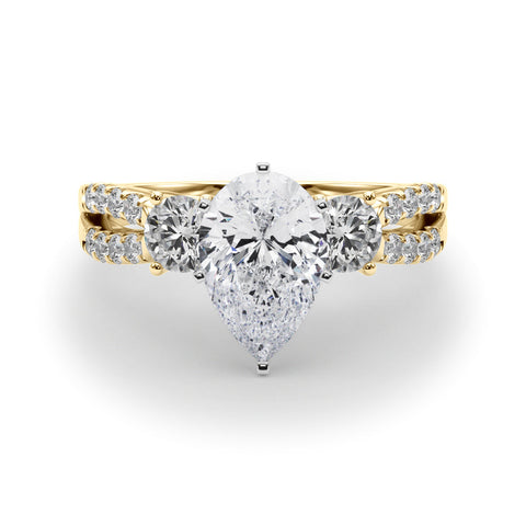 Yellow gold Pear Three-Stone Diamond Ring with Pavé Split Shank and Four-Prong Setting