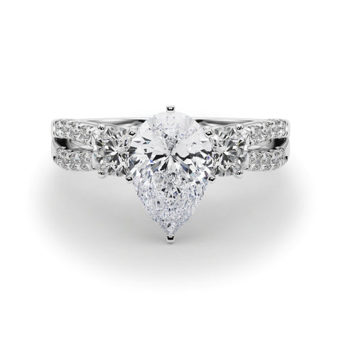 Platinum Pear Three-Stone Diamond Ring with Pavé Split Shank and Four-Prong Setting