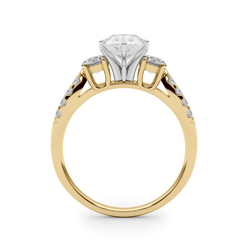 Yellow gold Pear Three-Stone Diamond Ring with Pavé Split Shank and Four-Prong Setting