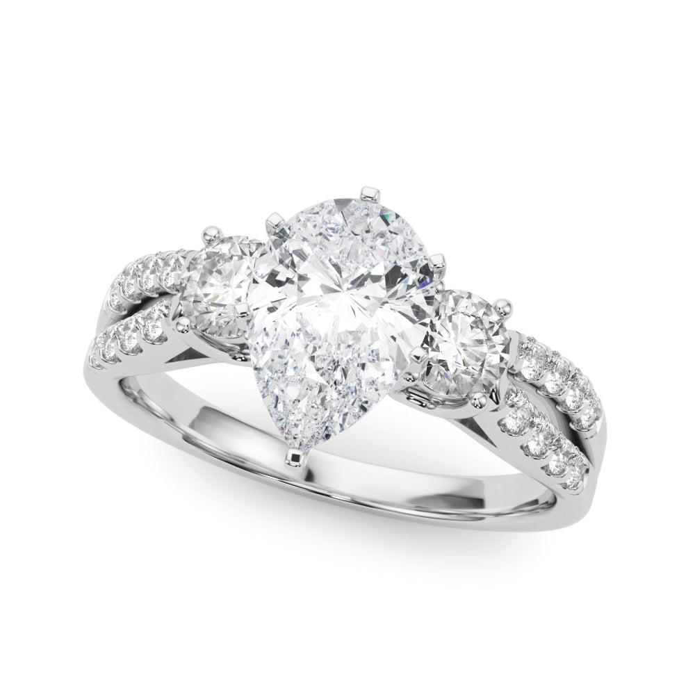 Platinum Pear Three-Stone Diamond Ring with Pavé Split Shank and Four-Prong Setting