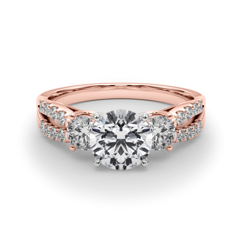 Rose gold Round Three-Stone Diamond Ring with Pavé Split Shank and Four-Prong Setting
