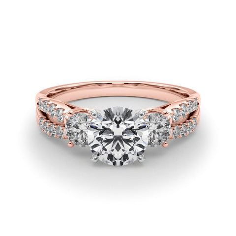 Rose gold Round Three-Stone Diamond Ring with Pavé Split Shank and Four-Prong Setting