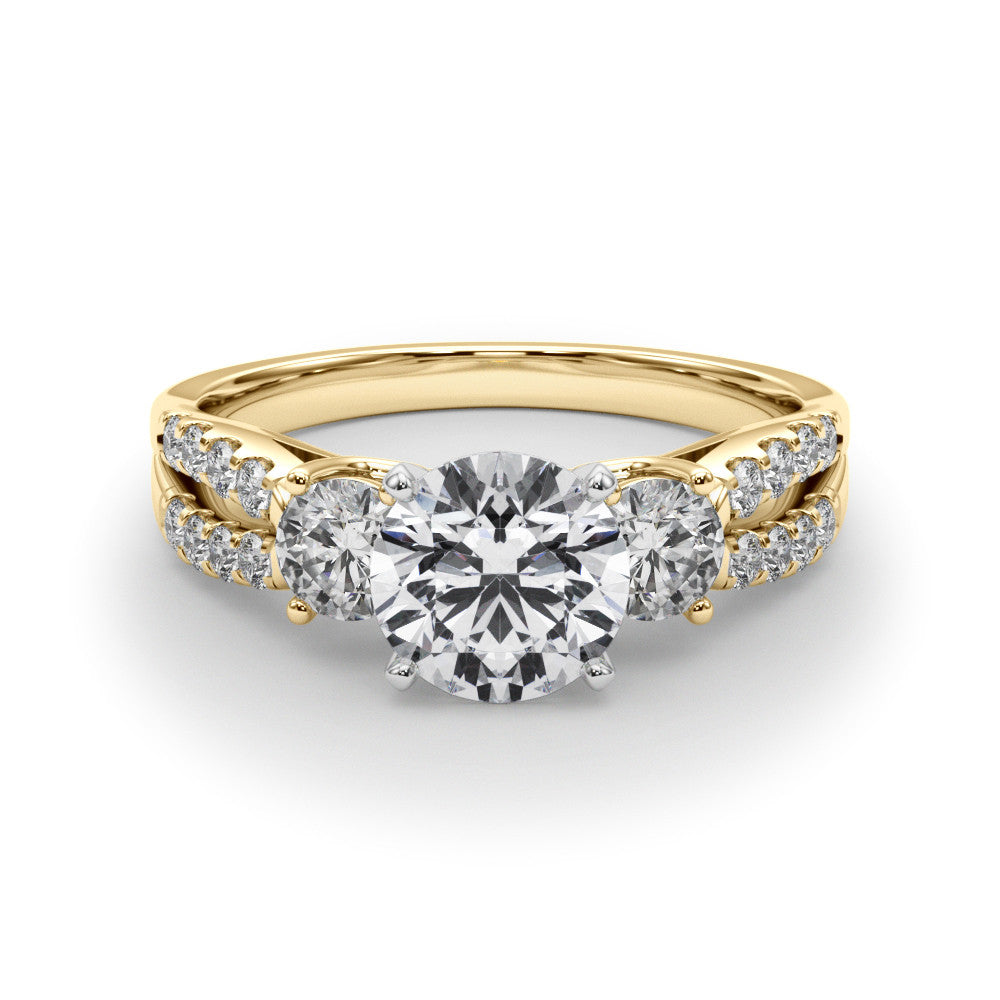 Yellow gold Round Three-Stone Diamond Ring with Pavé Split Shank and Four-Prong Setting
