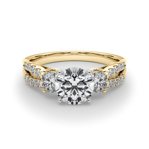 Yellow gold Round Three-Stone Diamond Ring with Pavé Split Shank and Four-Prong Setting