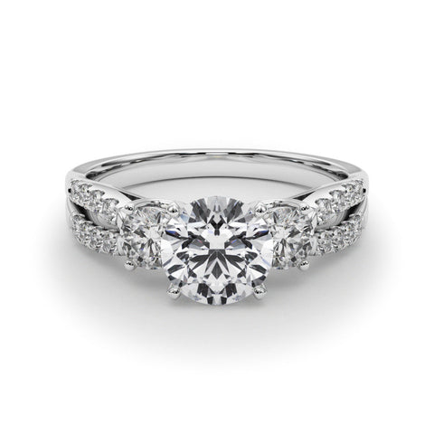 Platinum Round Three-Stone Diamond Ring with Pavé Split Shank and Four-Prong Setting