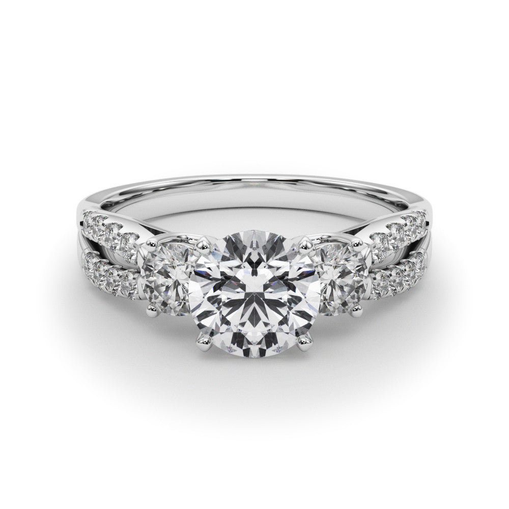 White gold Round Three-Stone Diamond Ring with Pavé Split Shank and Four-Prong Setting
