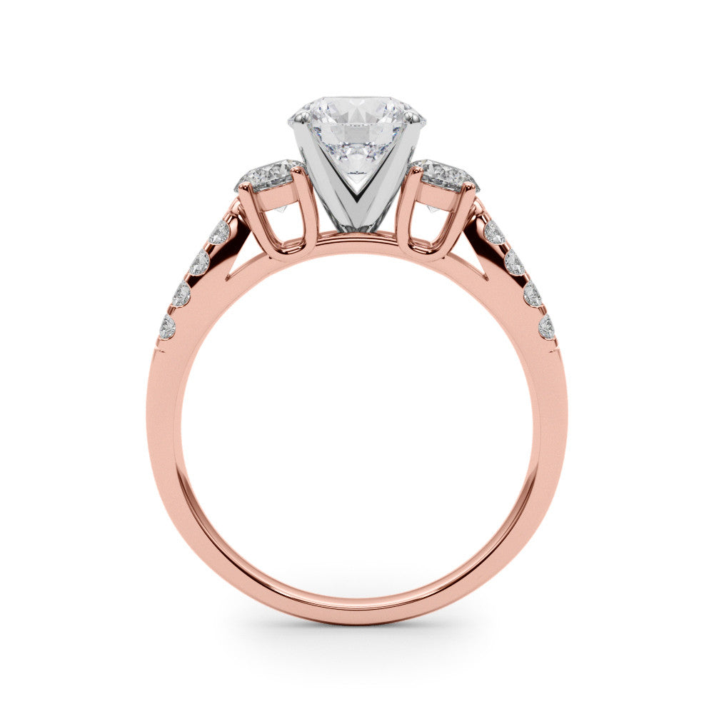 Rose gold Round Three-Stone Diamond Ring with Pavé Split Shank and Four-Prong Setting
