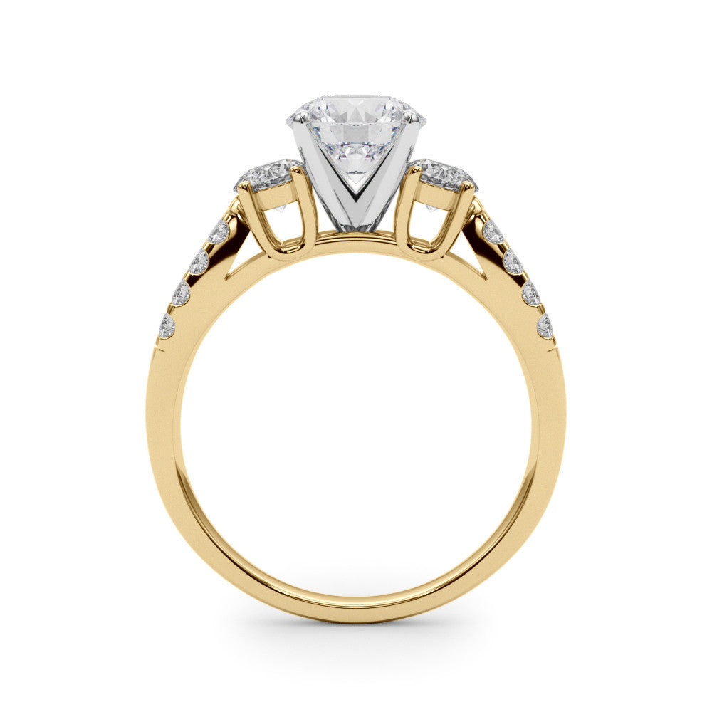Yellow gold Round Three-Stone Diamond Ring with Pavé Split Shank and Four-Prong Setting