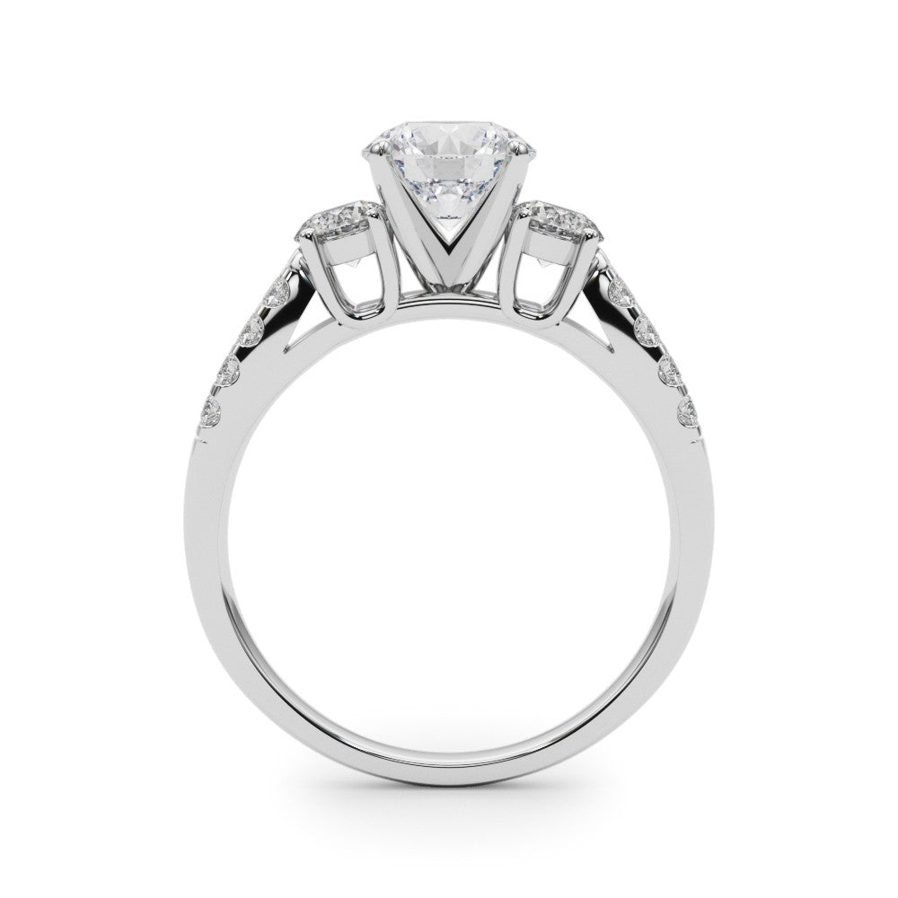 Platinum Round Three-Stone Diamond Ring with Pavé Split Shank and Four-Prong Setting