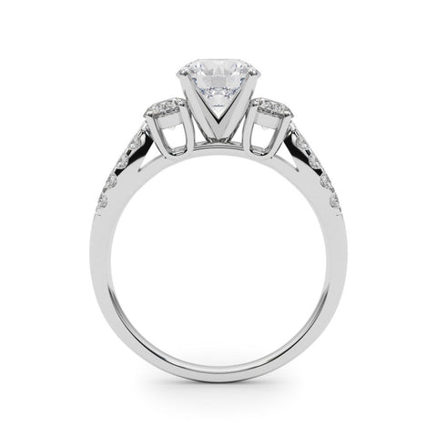 Platinum Round Three-Stone Diamond Ring with Pavé Split Shank and Four-Prong Setting