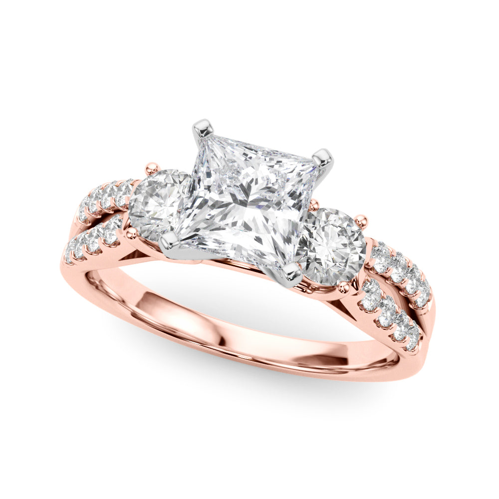 Rose gold Princess Three-Stone Diamond Ring with Pavé Split Shank and Four-Prong Setting