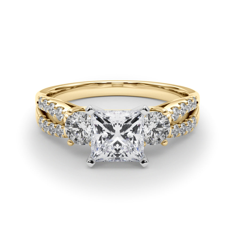 Yellow gold Princess Three-Stone Diamond Ring with Pavé Split Shank and Four-Prong Setting