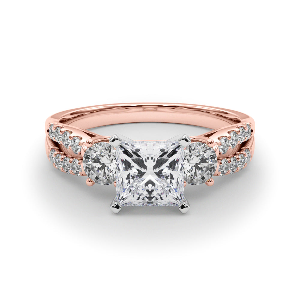 Rose gold Princess Three-Stone Diamond Ring with Pavé Split Shank and Four-Prong Setting