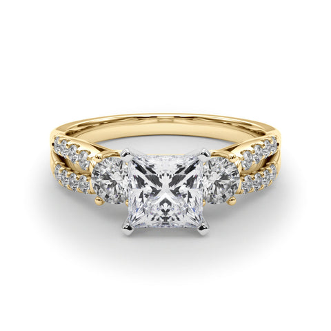 Yellow gold Princess Three-Stone Diamond Ring with Pavé Split Shank and Four-Prong Setting