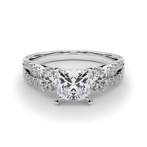 Platinum Princess Three-Stone Diamond Ring with Pavé Split Shank and Four-Prong Setting