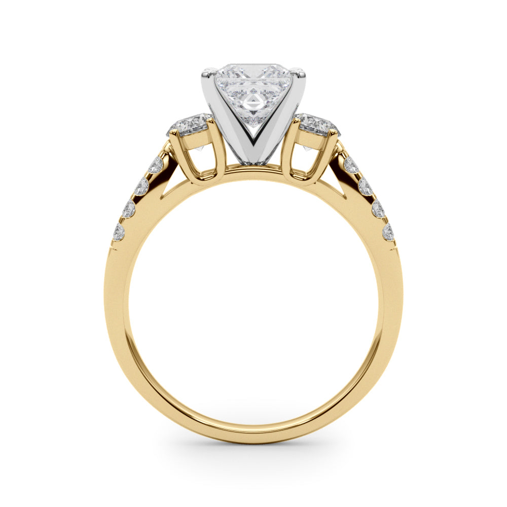 Yellow gold Princess Three-Stone Diamond Ring with Pavé Split Shank and Four-Prong Setting
