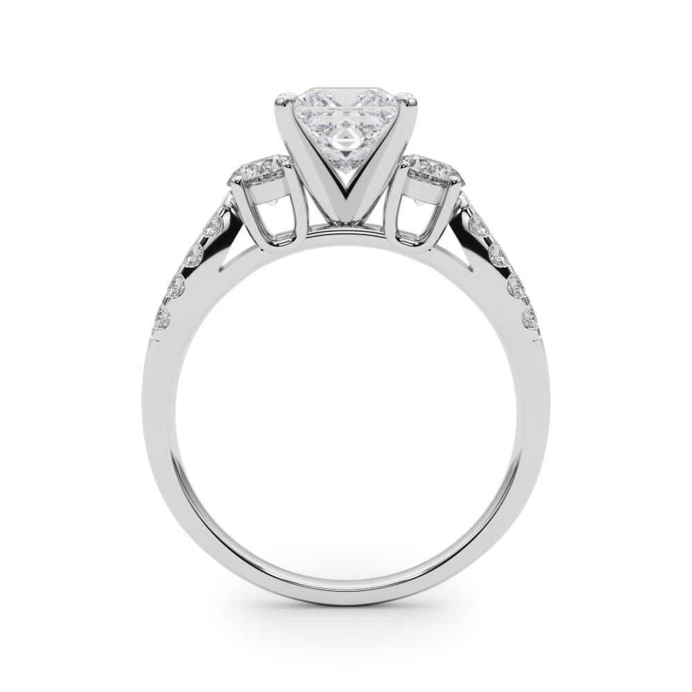 White gold Princess Three-Stone Diamond Ring with Pavé Split Shank and Four-Prong Setting