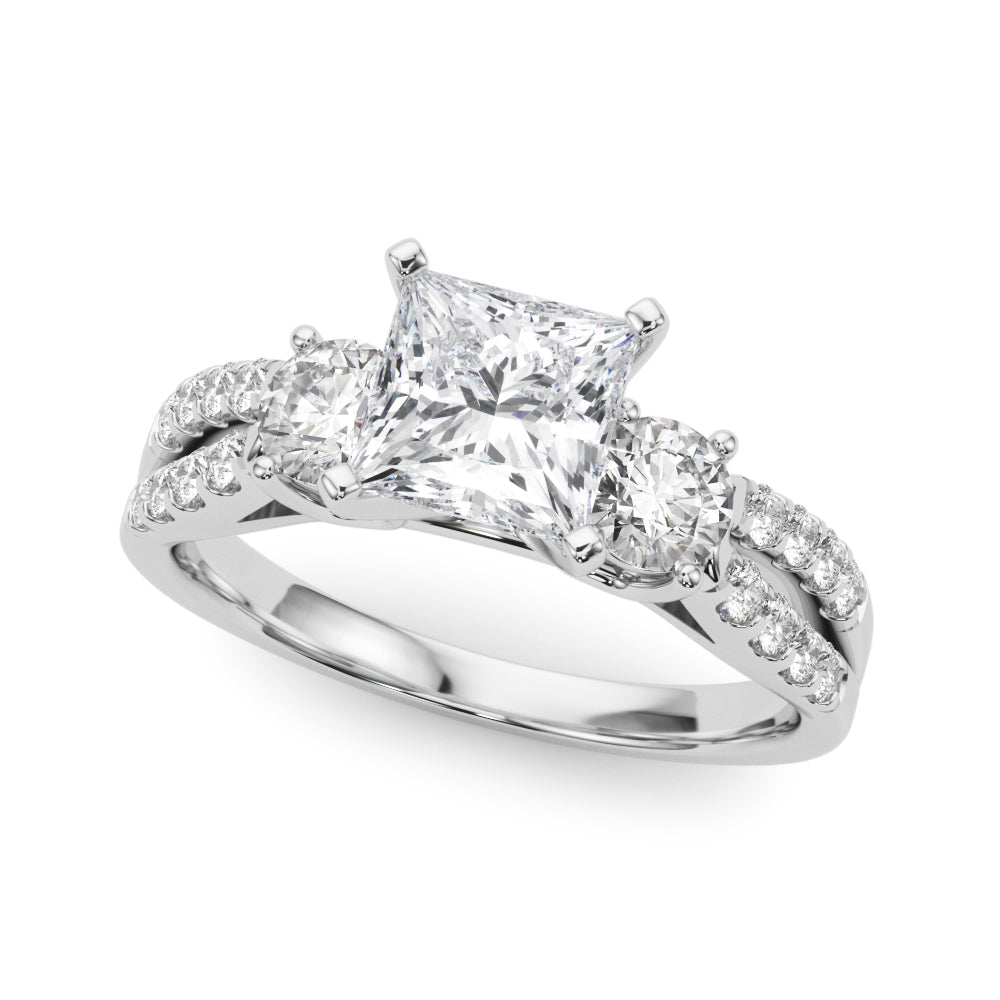 White gold Princess Three-Stone Diamond Ring with Pavé Split Shank and Four-Prong Setting