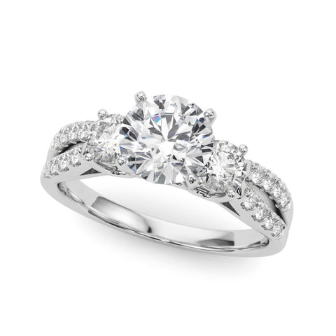 Platinum Round Three-Stone Diamond Ring with Pavé Split Shank and Four-Prong Setting