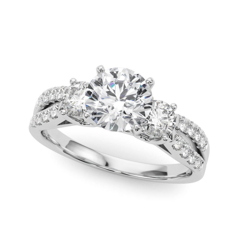 White gold Round Three-Stone Diamond Ring with Pavé Split Shank and Four-Prong Setting