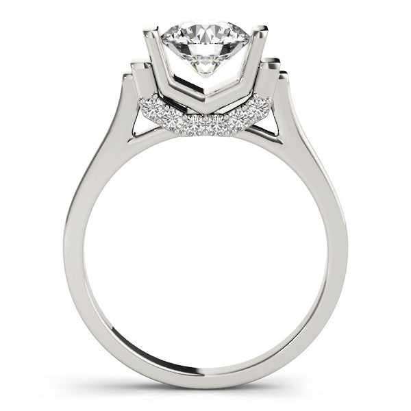 Silver Round Brilliant Solitaire Diamond Ring with Channel Set Band and Bar Prong Setting