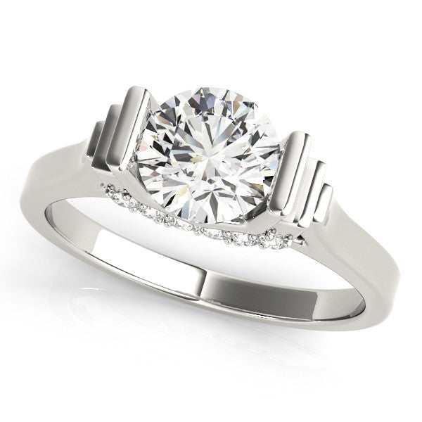 Silver Round Brilliant Solitaire Diamond Ring with Channel Set Band and Bar Prong Setting